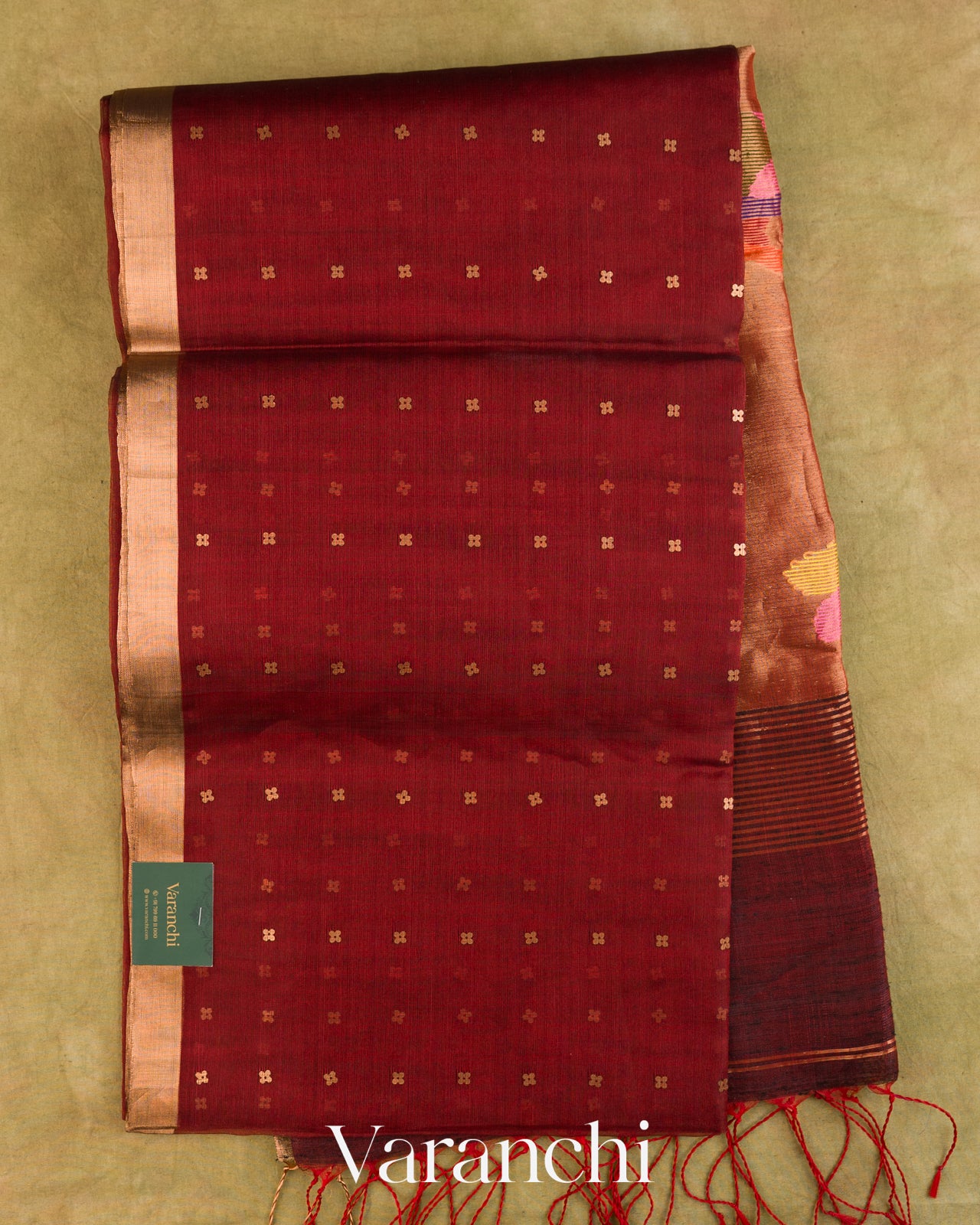 Rust Red Sequin Jamdani Paithani Pallu Pure Muslin Silk Handloom Saree — Full Saree