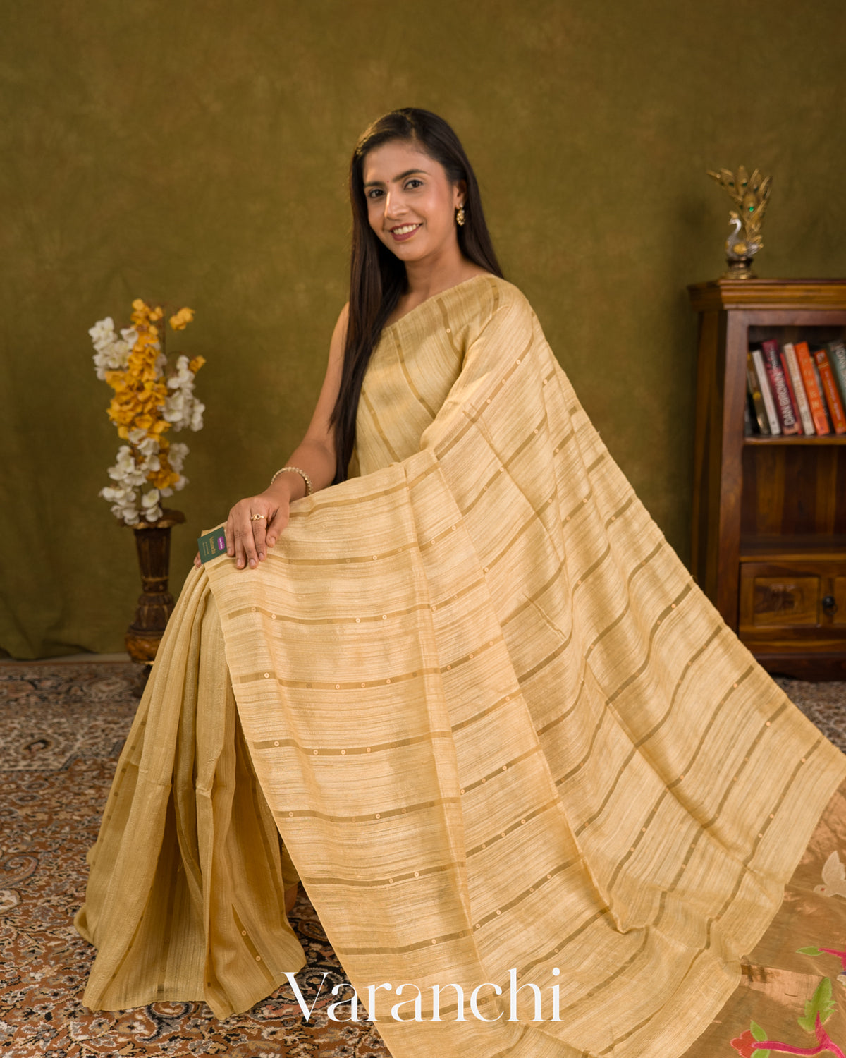 Ivory Sequin with Jamdani Paithani Pallu Pure Matka Silk Handloom Saree — Draped