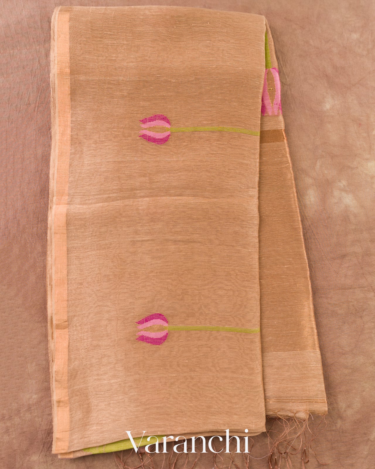 Mocha Brown Lotus Jamdani Pure Silk Linen Handloom Saree — Full Saree