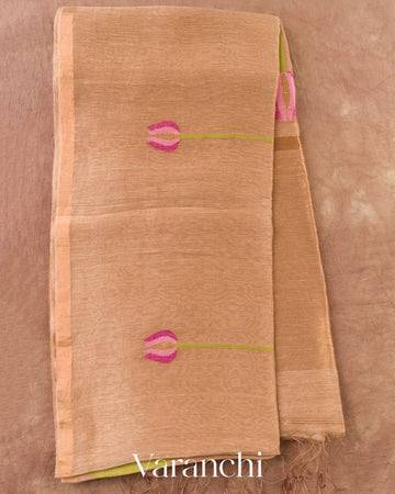 Mocha Brown Lotus Jamdani Pure Silk Linen Handloom Saree — Full Saree
