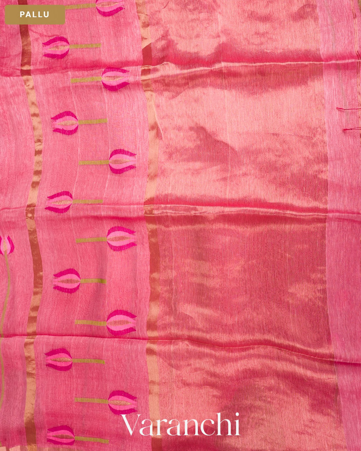 Rose Pink Lotus Jamdani Pure Silk Linen Handloom Saree — Pallu