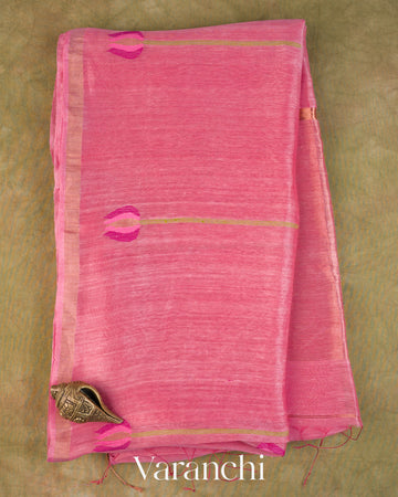 Rose Pink Lotus Jamdani Pure Silk Linen Handloom Saree — Full Saree