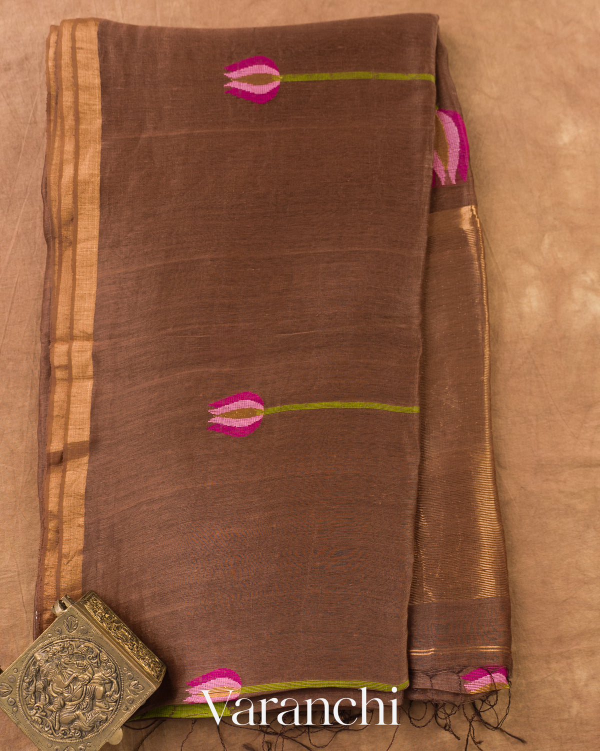 Chocolate Brown Lotus Jamdani Pure Silk Linen Handloom Saree — Full Saree