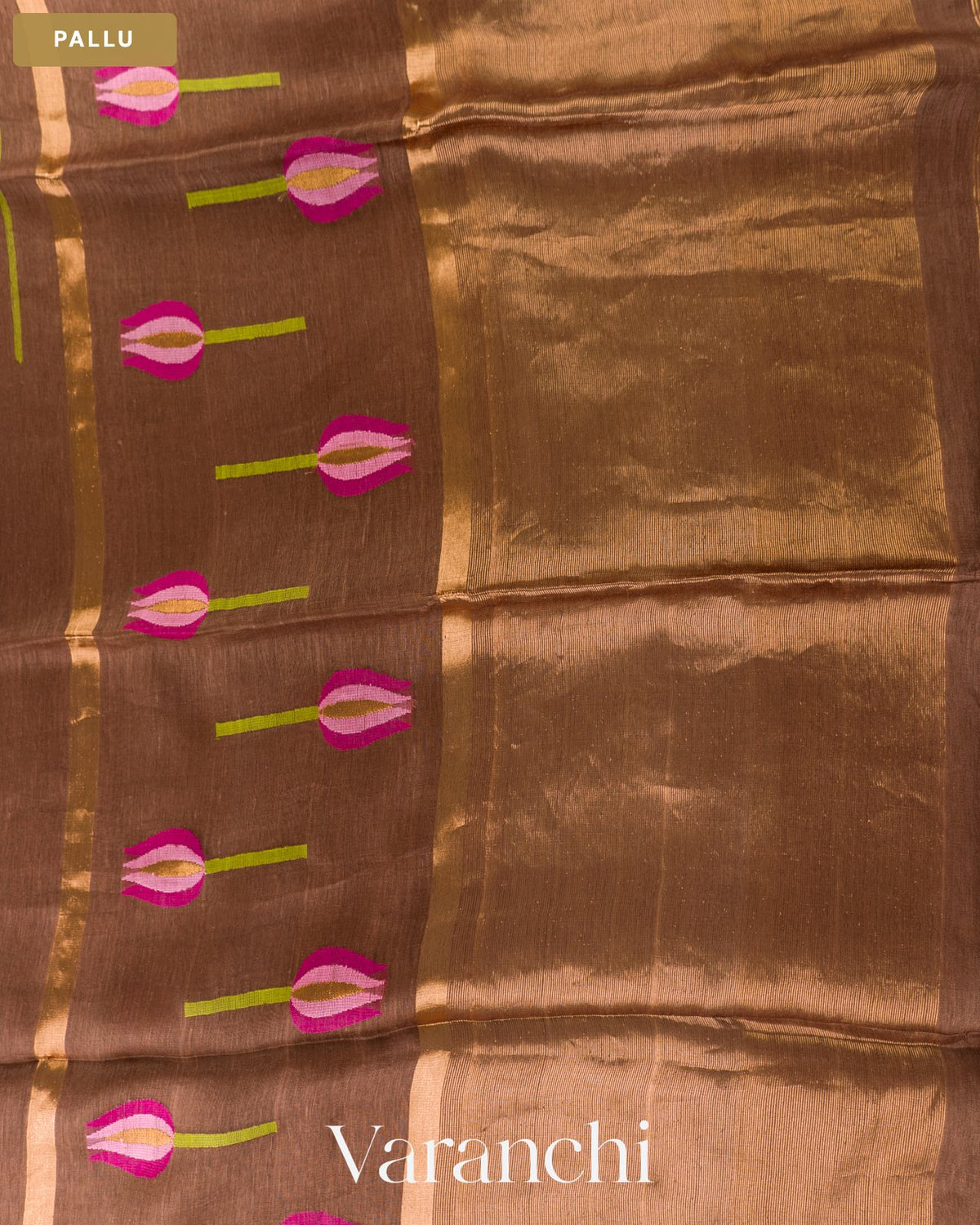 Chocolate Brown Lotus Jamdani Pure Silk Linen Handloom Saree — Pallu