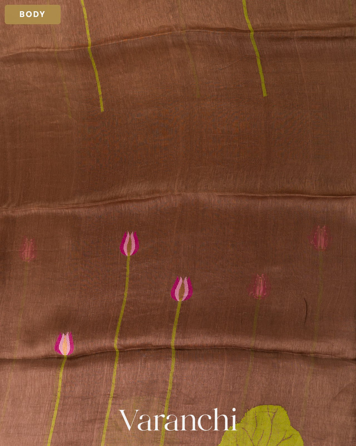 Chocolate Brown Lotus Jamdani Pure Silk Linen Handloom Saree — Body