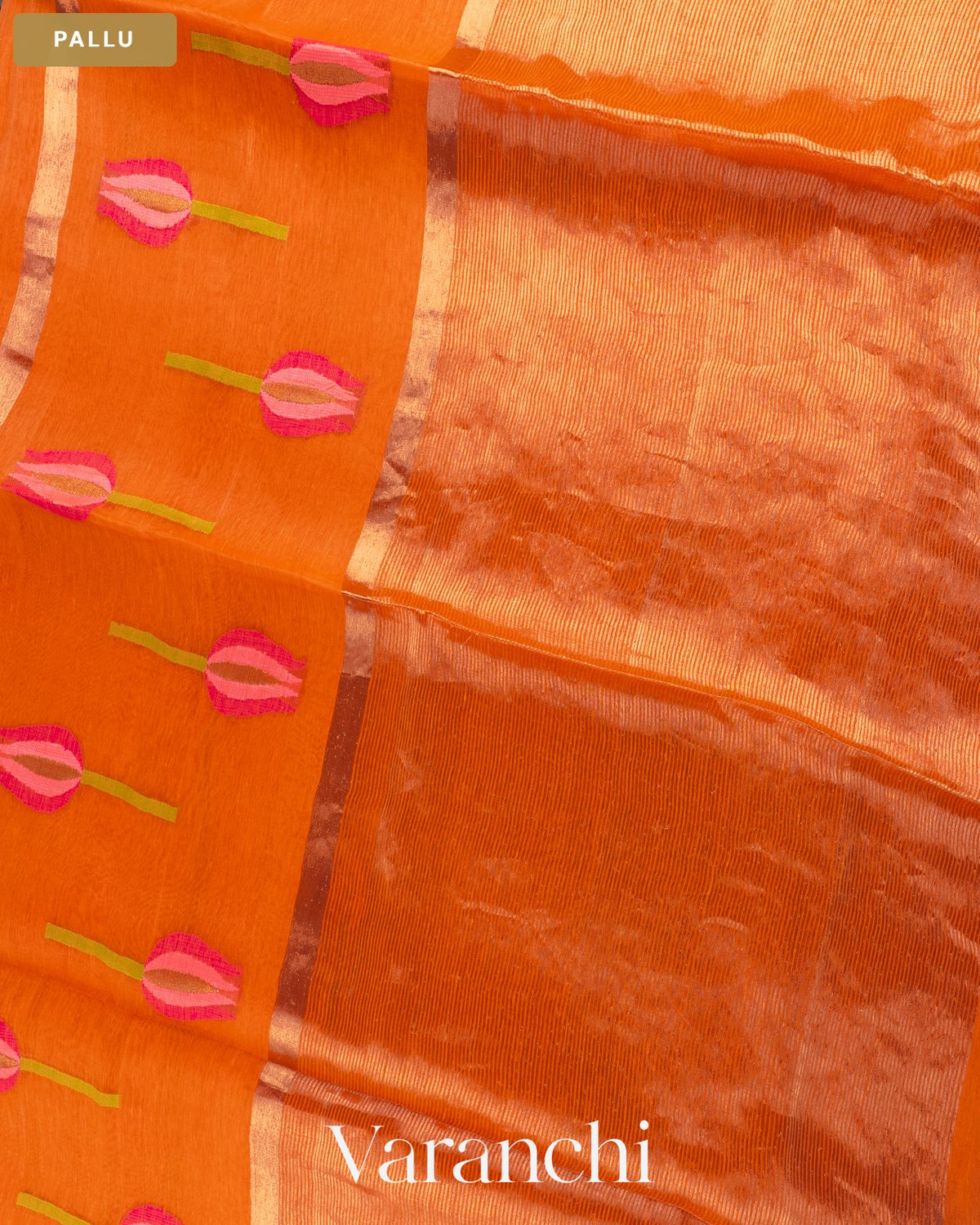 Bright Orange Lotus Jamdani Pure Silk Linen Handloom Saree — Pallu