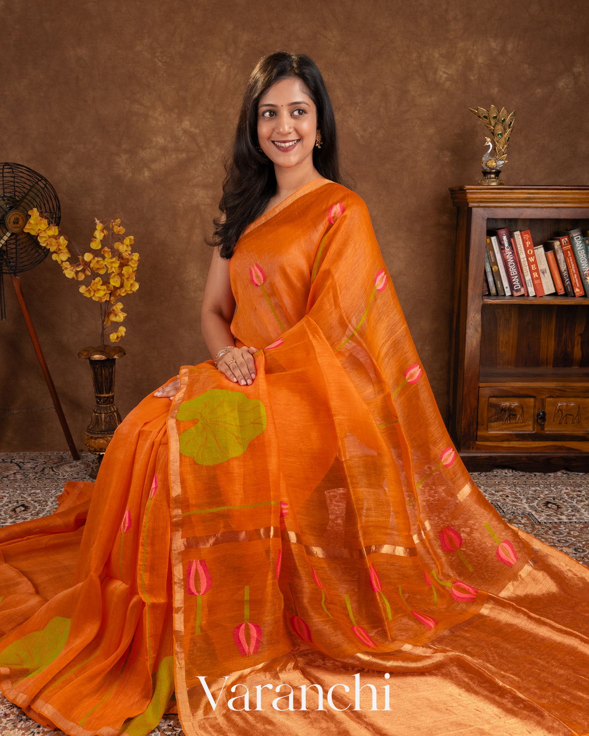 Bright Orange Lotus Jamdani Pure Silk Linen Handloom Saree — Draped