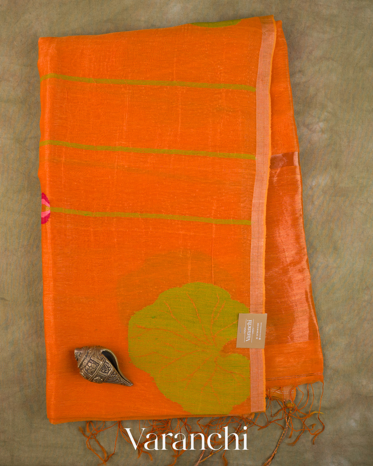Bright Orange Lotus Jamdani Pure Silk Linen Handloom Saree — Full Saree