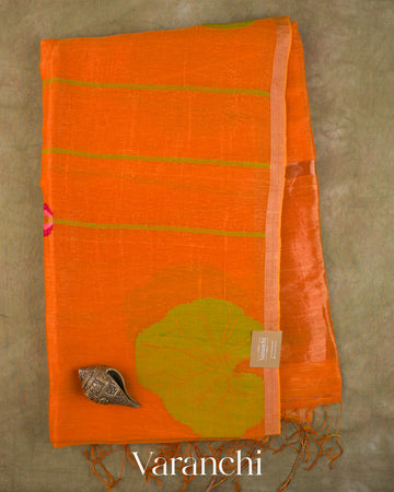 Bright Orange Lotus Jamdani Pure Silk Linen Handloom Saree — Full Saree