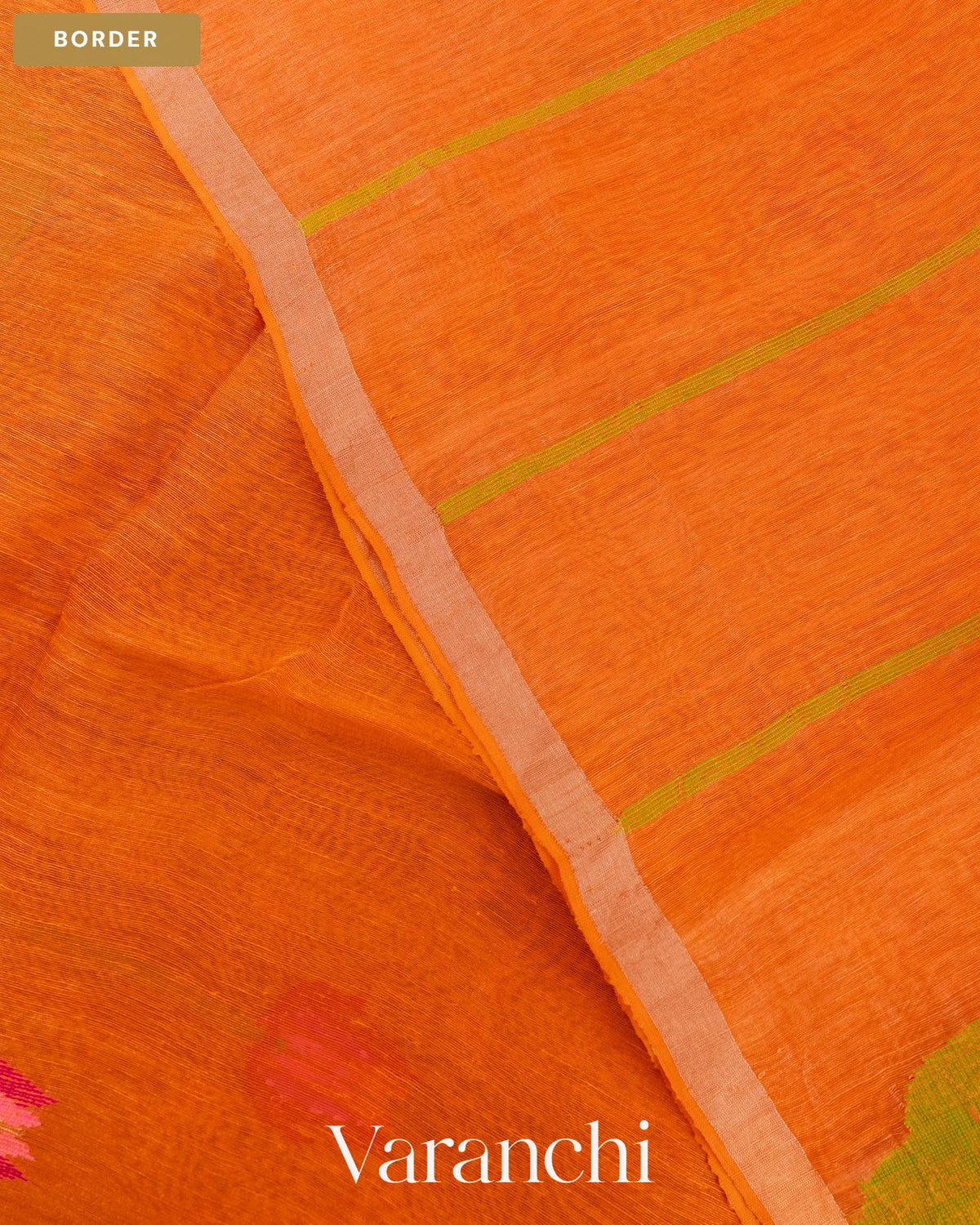 Bright Orange Lotus Jamdani Pure Silk Linen Handloom Saree — Border