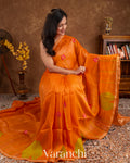 Bright Orange Lotus Jamdani Pure Silk Linen Handloom Saree — Draped