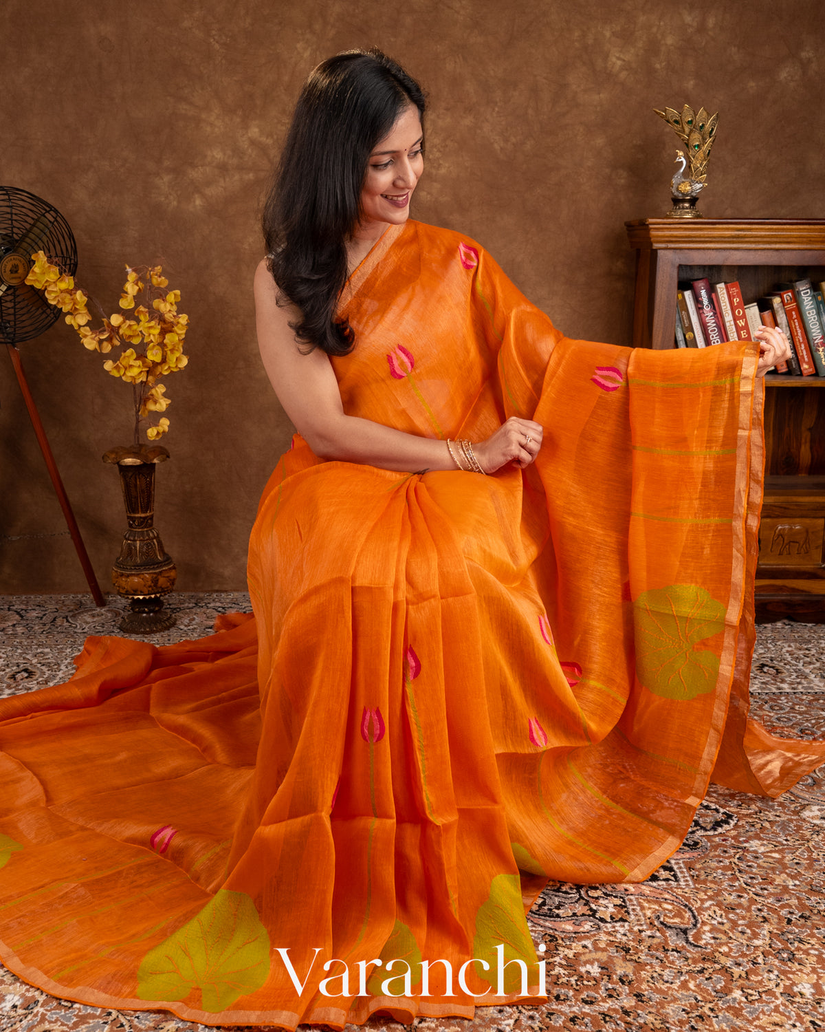 Bright Orange Lotus Jamdani Pure Silk Linen Handloom Saree — Draped