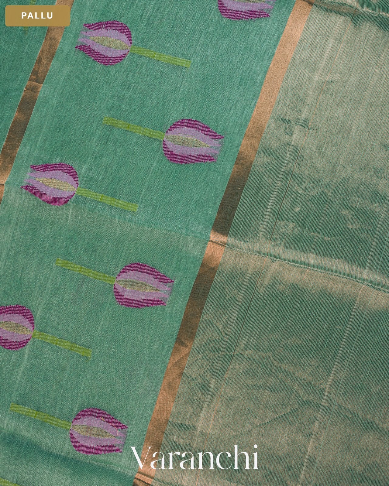Sea Blue Lotus Jamdani Pure Silk Linen Handloom Saree — Pallu