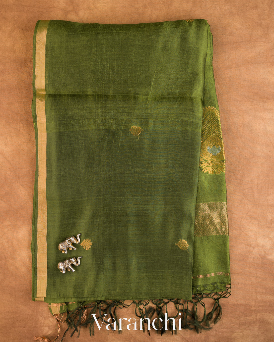 Leafy Green Jamdani Pure Mulberry Silk Handloom Saree — Full Saree