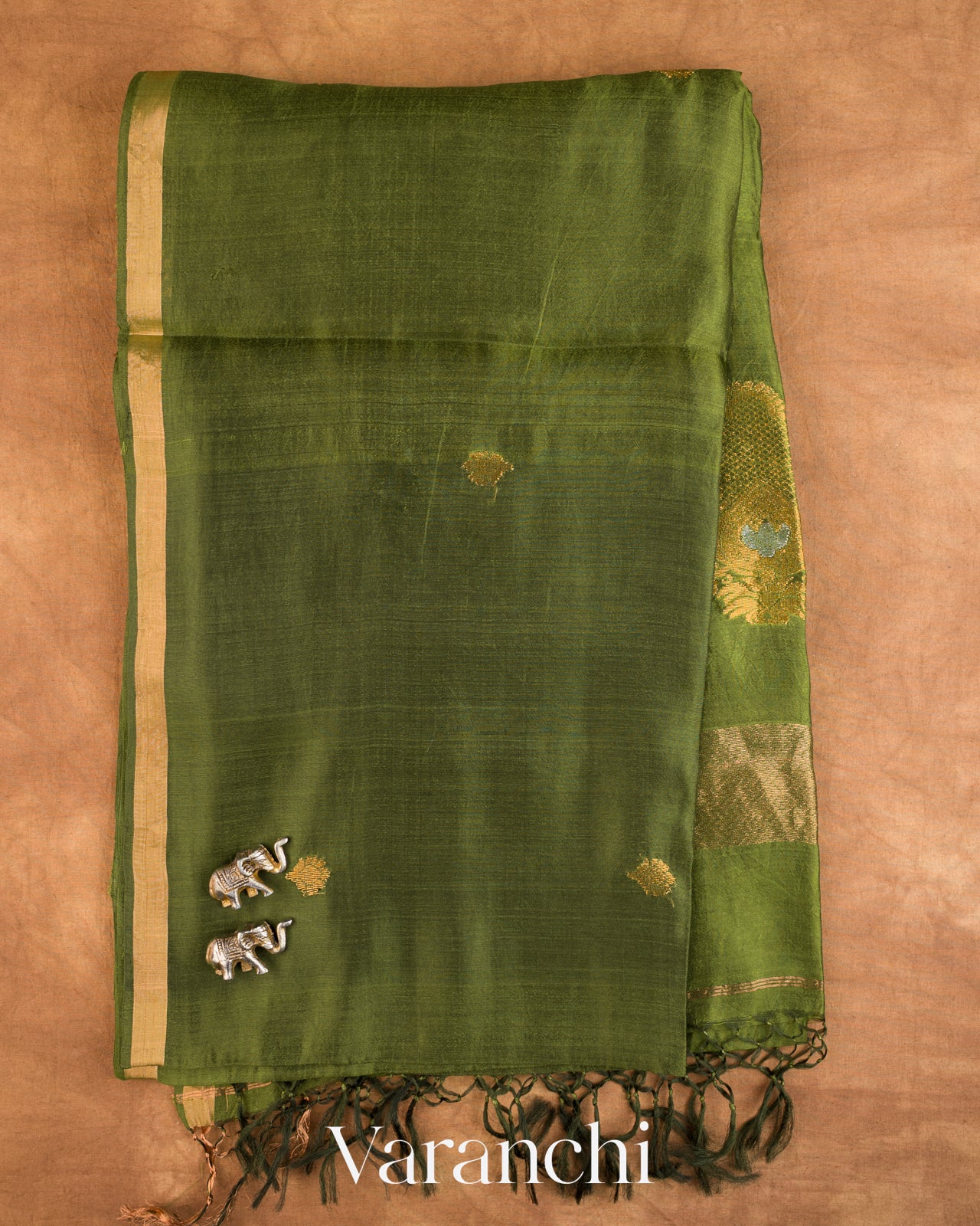 Leafy Green Jamdani Pure Mulberry Silk Handloom Saree — Full Saree