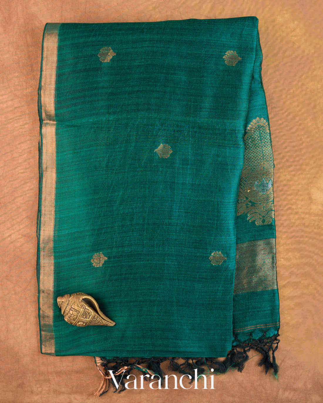 Peacock Blue Jamdani Pure Mulberry Silk Handloom Saree — Full Saree