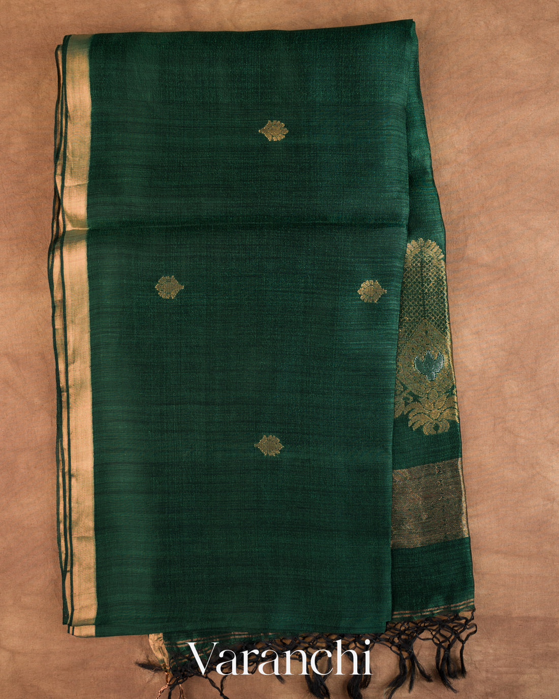 Dark Green Jamdani Pure Mulberry Silk Handloom Saree — Full Saree
