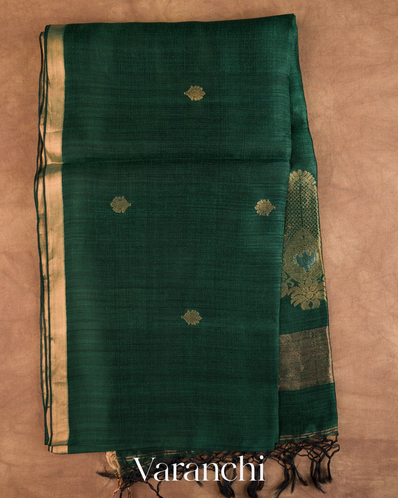 Dark Green Jamdani Pure Mulberry Silk Handloom Saree — Full Saree
