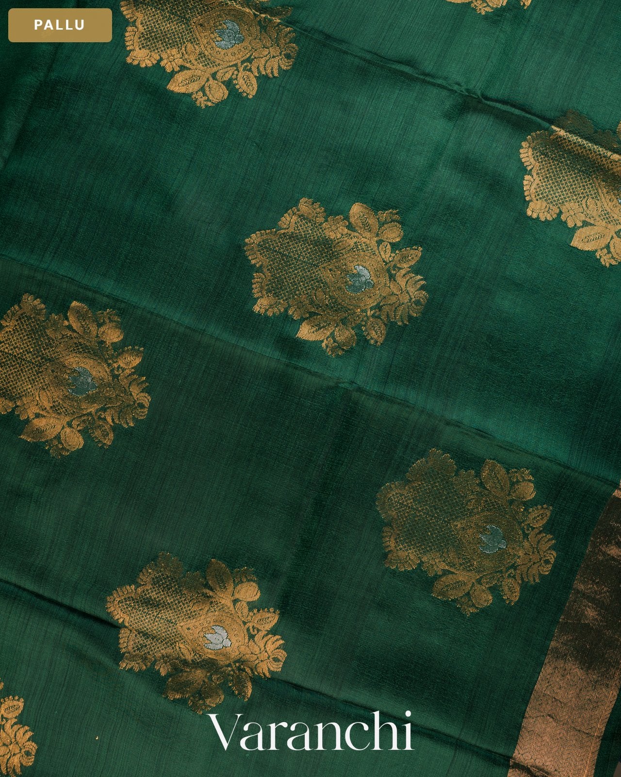 Dark Green Jamdani Pure Mulberry Silk Handloom Saree — Pallu