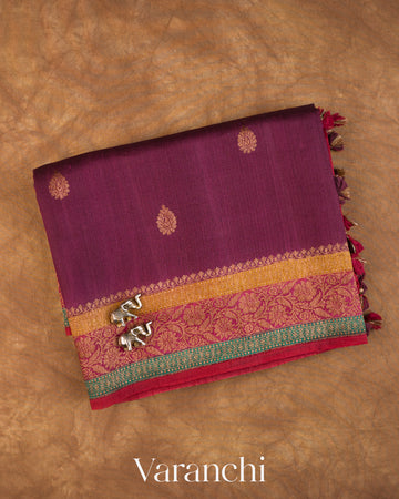 Wine Purple Pure Kora Silk Handloom Saree — Folded