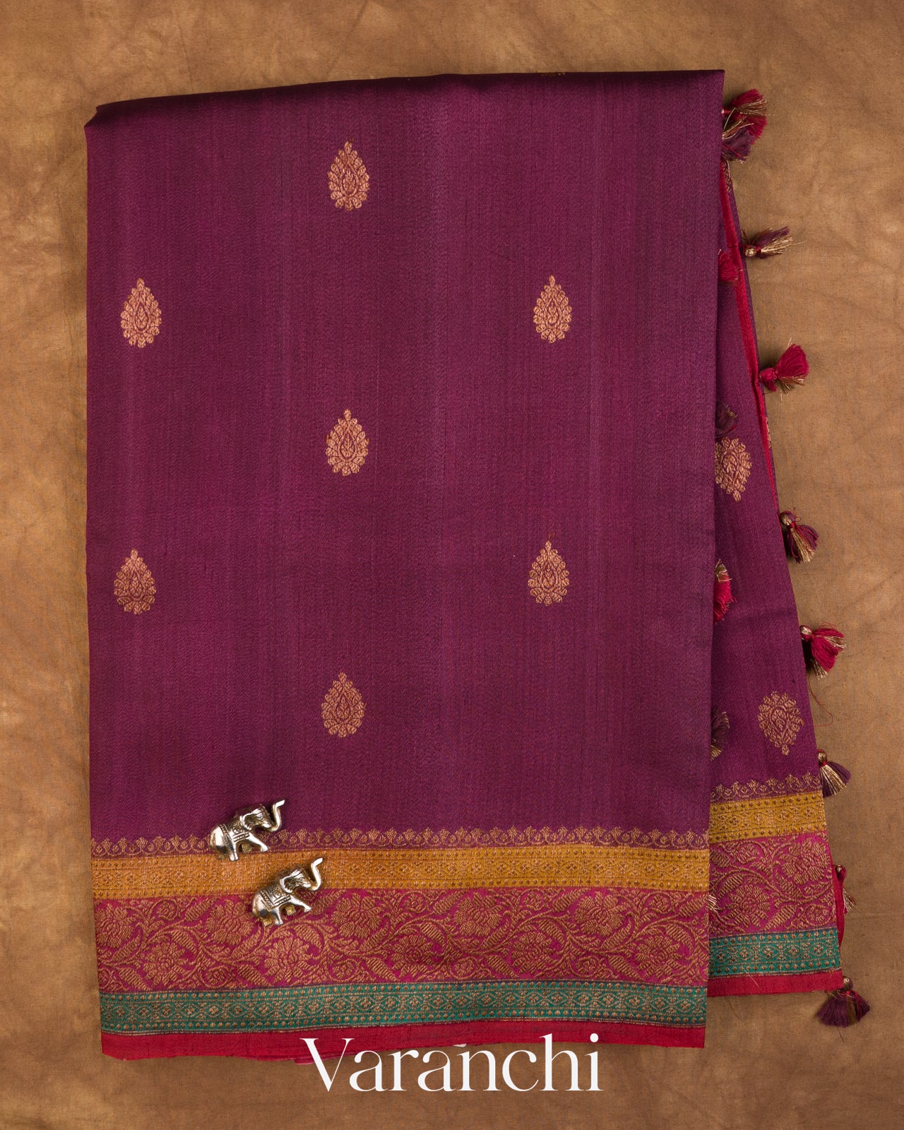 Wine Purple Pure Kora Silk Handloom Saree — Full Saree