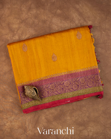 Turmeric Yellow Pure Kora Silk Saree — Folded