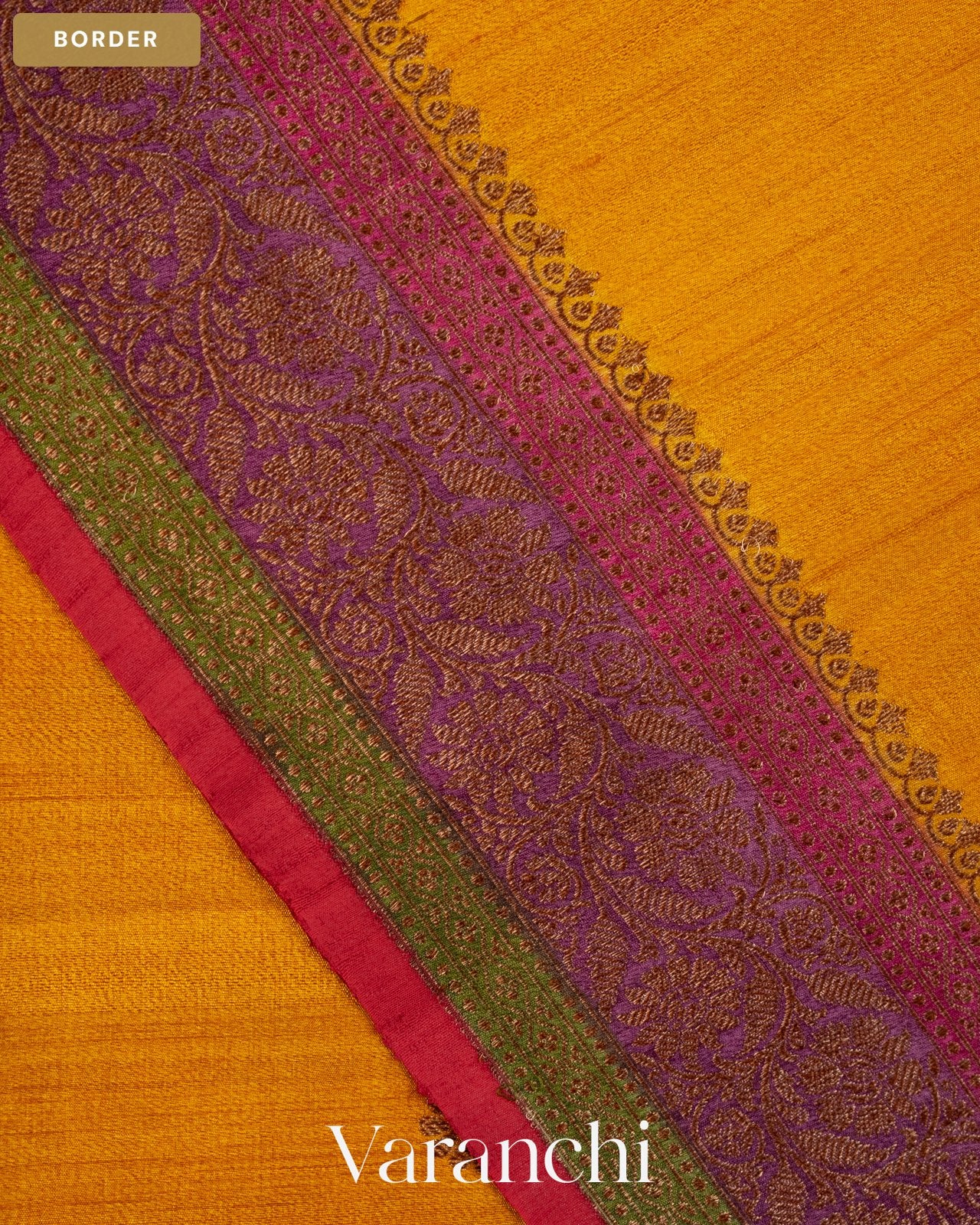 Turmeric Yellow Pure Kora Silk Saree — Border