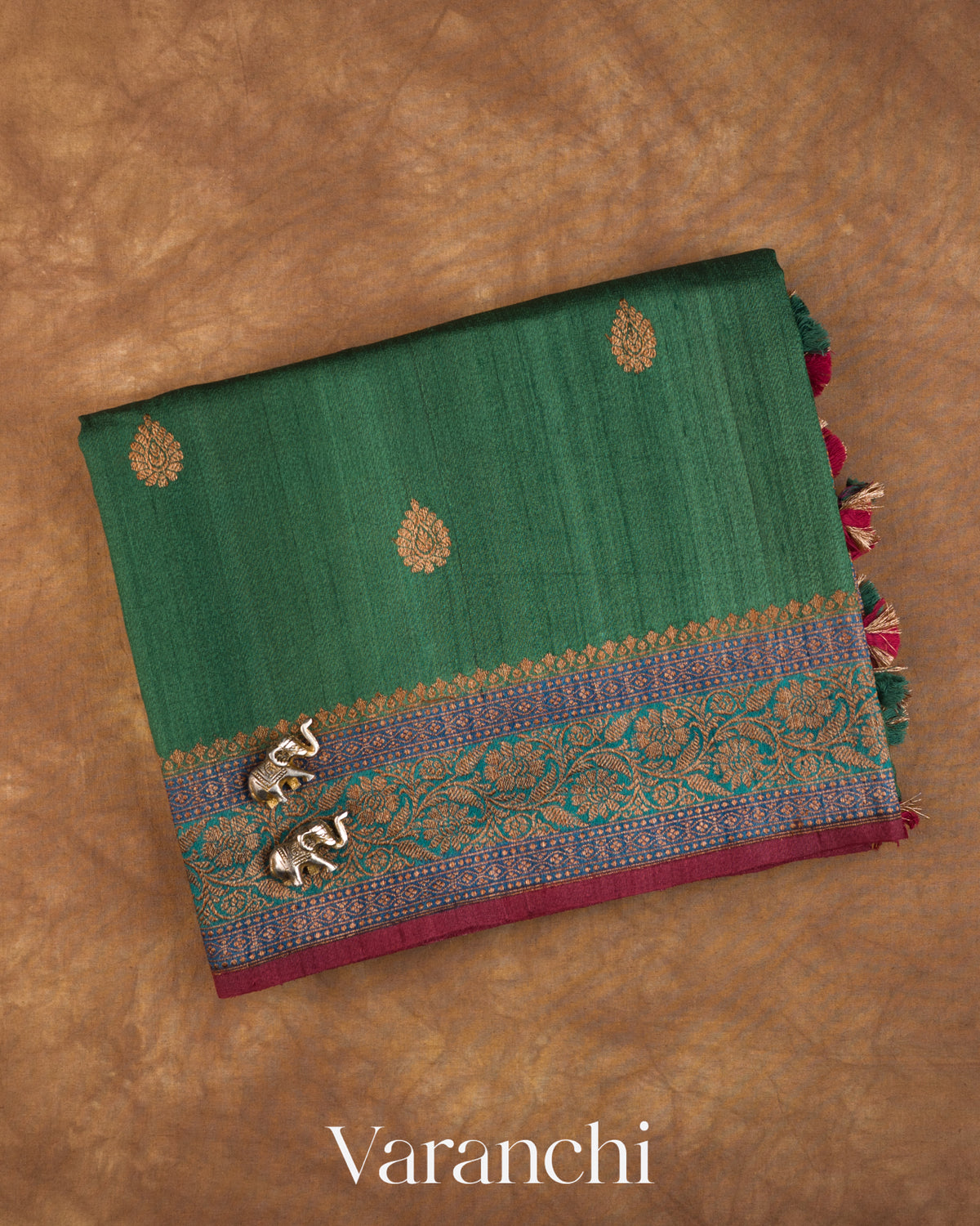 Bottle Green Pure Kora Silk Saree — Folded