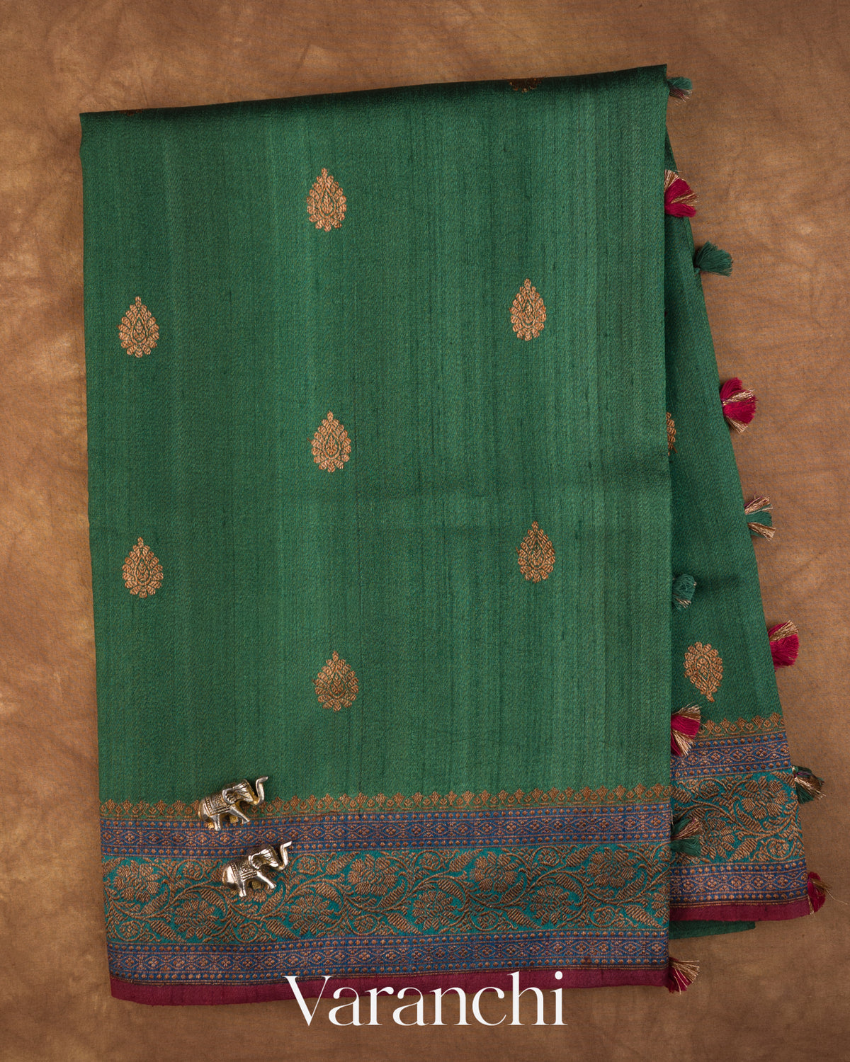 Bottle Green Pure Kora Silk Saree — Full Saree