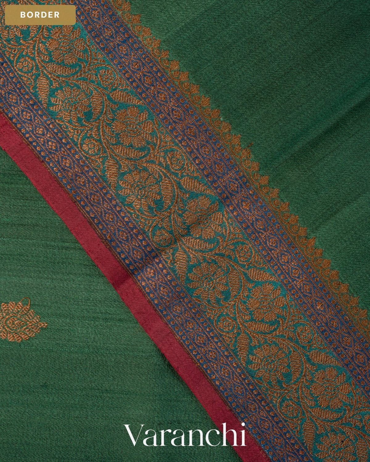 Bottle Green Pure Kora Silk Saree — Border