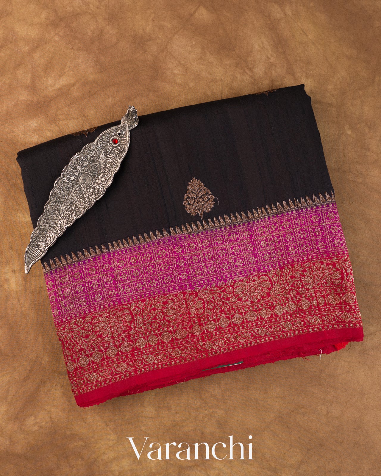 Jet Black Pure Raw Silk Handloom Saree — Folded