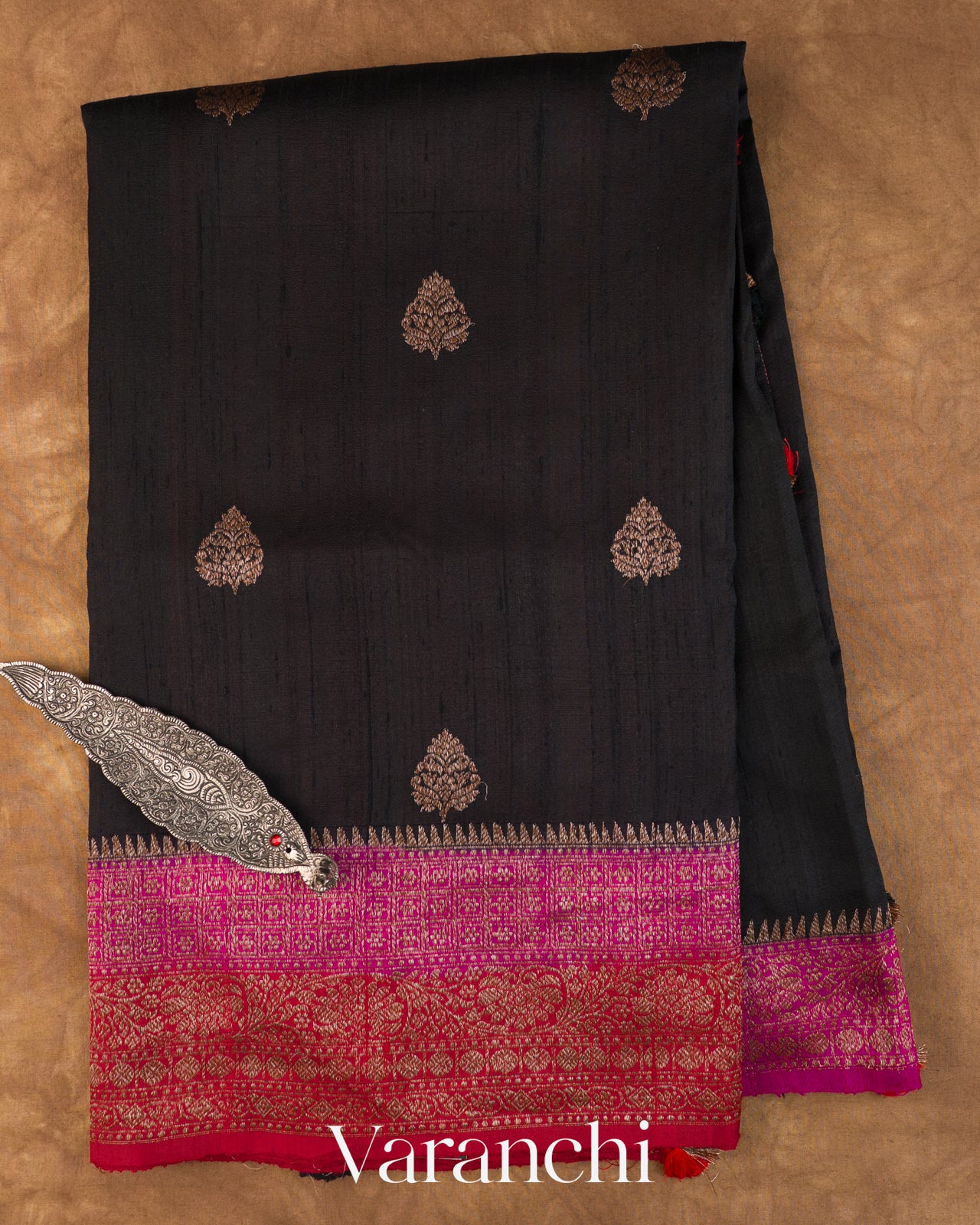 Jet Black Pure Raw Silk Handloom Saree — Full Saree