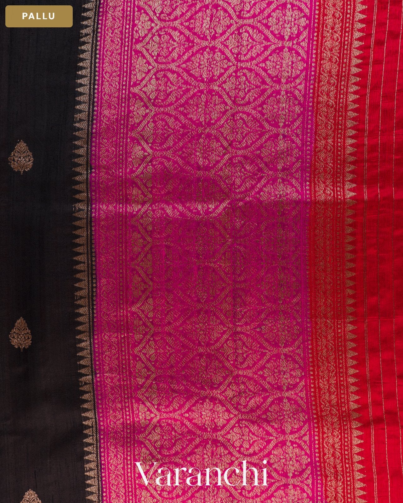Jet Black Pure Raw Silk Handloom Saree — Pallu