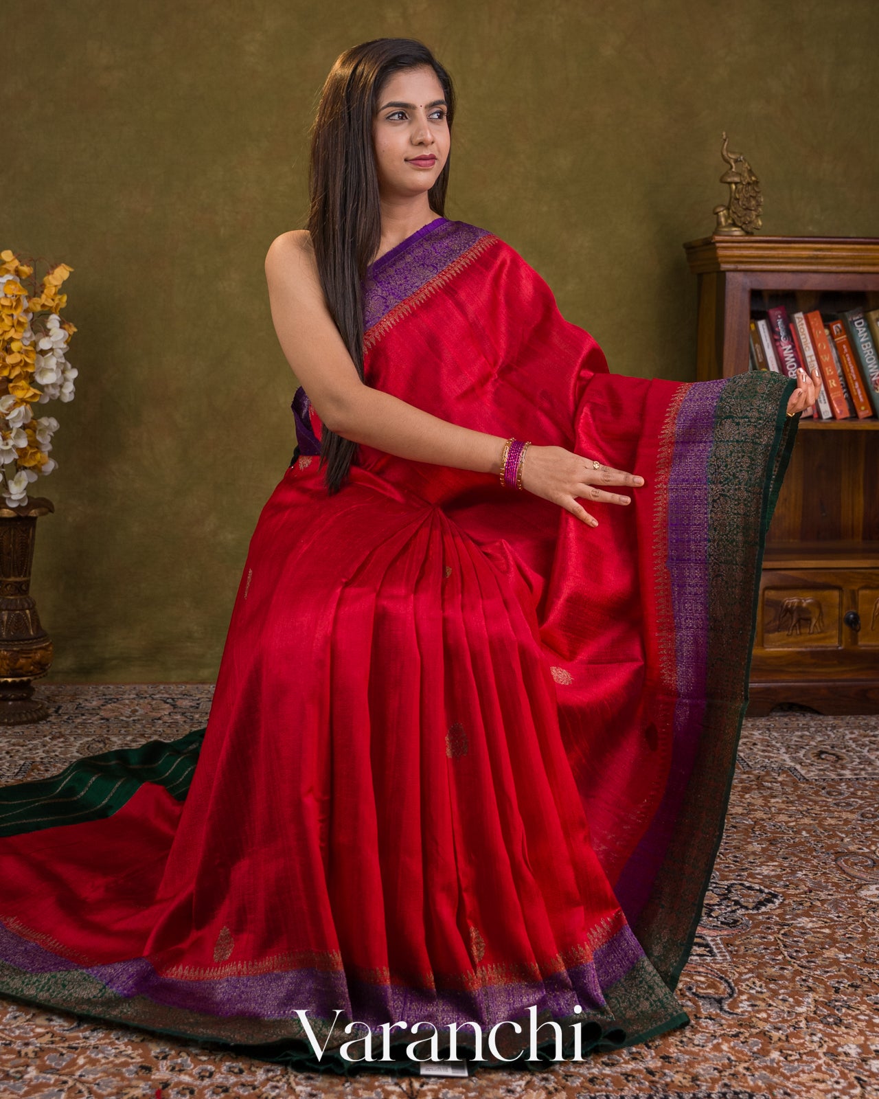 Crimson Red Pure Raw Silk Handloom Saree — Draped
