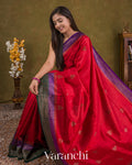Crimson Red Pure Raw Silk Handloom Saree — Draped