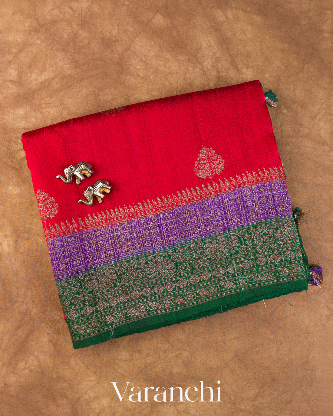 Crimson Red Pure Raw Silk Handloom Saree — Folded