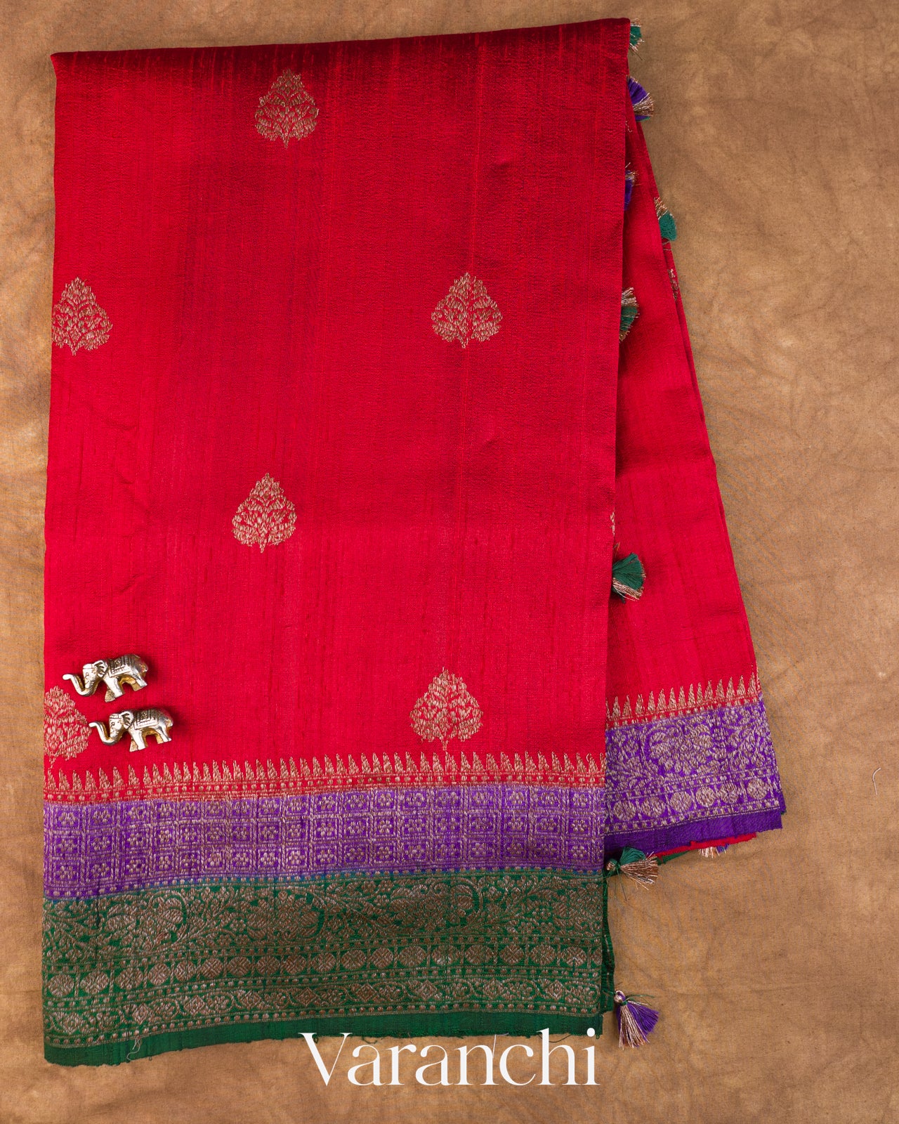 Crimson Red Pure Raw Silk Handloom Saree — Full Saree