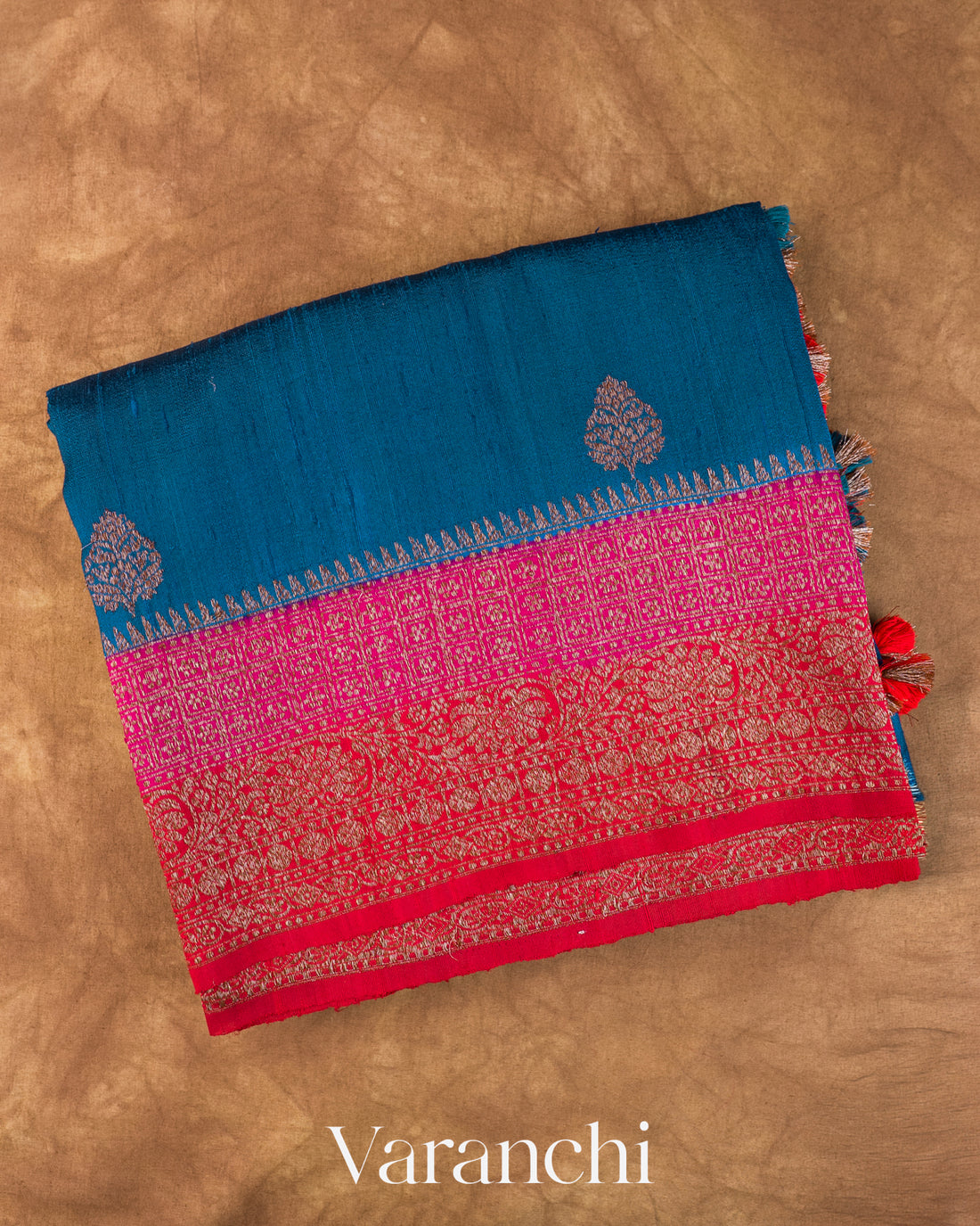 Royal Blue Pure Raw Silk Handloom Saree — Folded