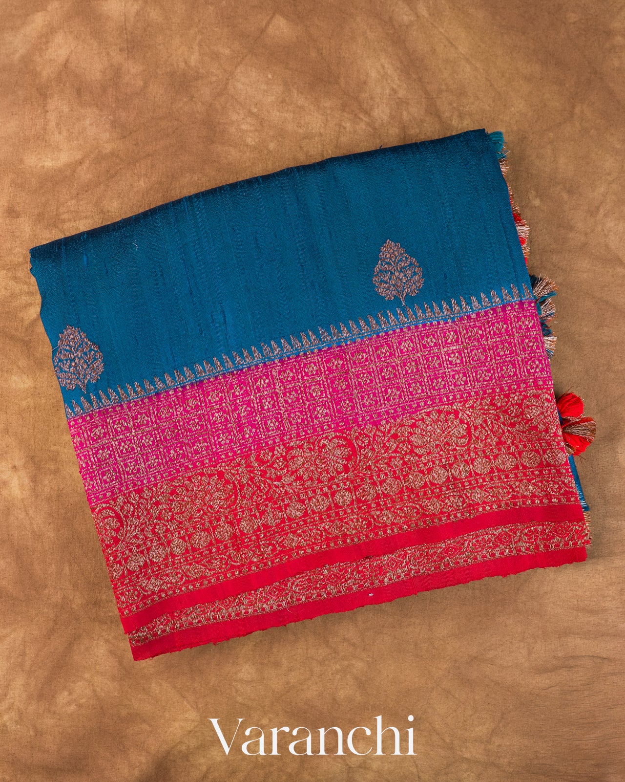 Royal Blue Pure Raw Silk Handloom Saree — Folded
