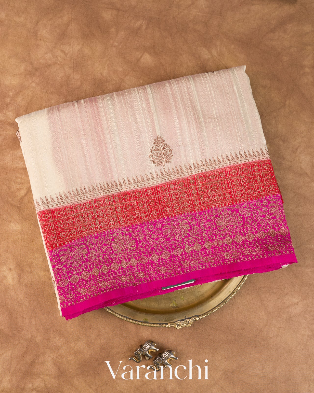 Off White Pure Raw Silk Handloom Saree — Folded