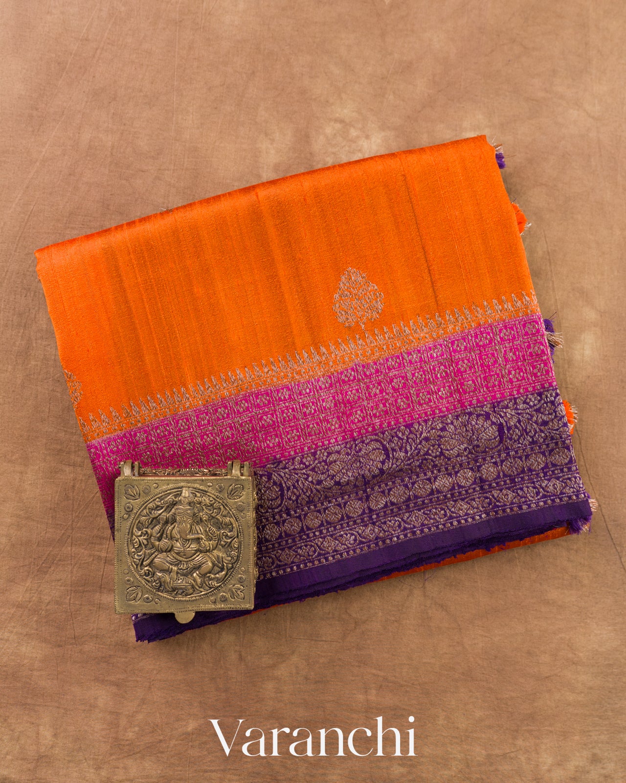 Tangerine Orange Pure Raw Silk Handloom Saree — Folded