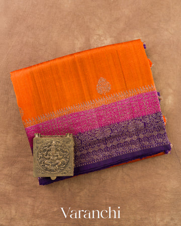 Tangerine Orange Pure Raw Silk Handloom Saree — Folded