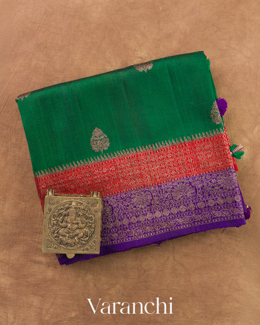 Bottle Green Pure Raw Silk Handloom Saree — Folded