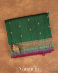Bottle Green Pure Raw Silk Handloom Saree — Folded