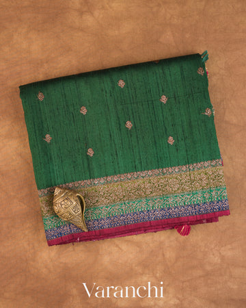 Bottle Green Pure Raw Silk Handloom Saree — Folded