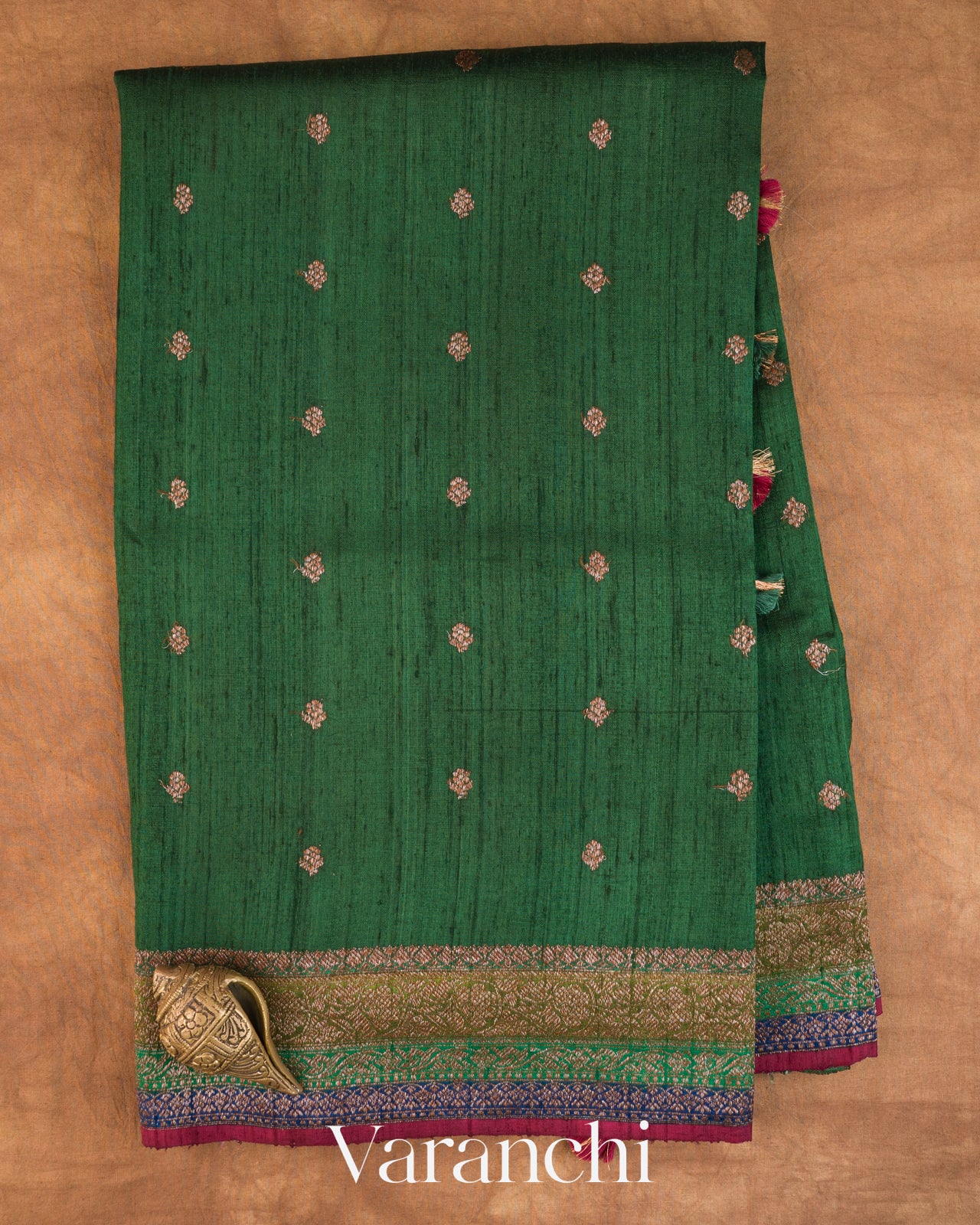 Bottle Green Pure Raw Silk Handloom Saree — Full Saree