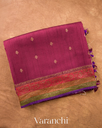 Wine Red Pure Raw Silk Handloom Saree — Folded
