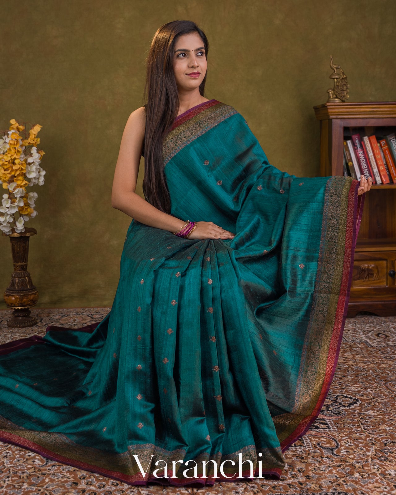 Peacock Blue Pure Raw Silk Handloom Saree — Draped