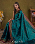 Peacock Blue Pure Raw Silk Handloom Saree — Draped