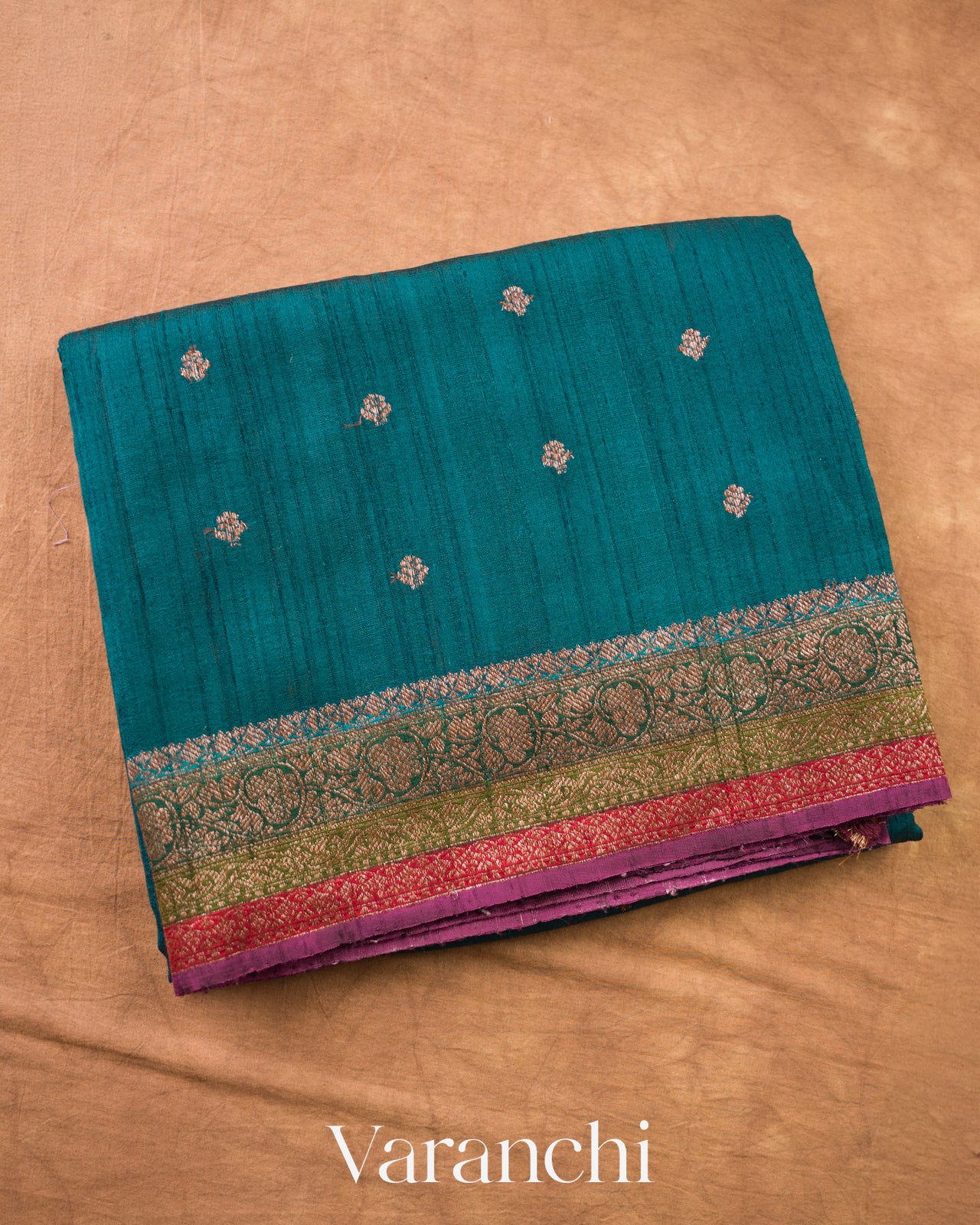 Peacock Blue Pure Raw Silk Handloom Saree — Folded
